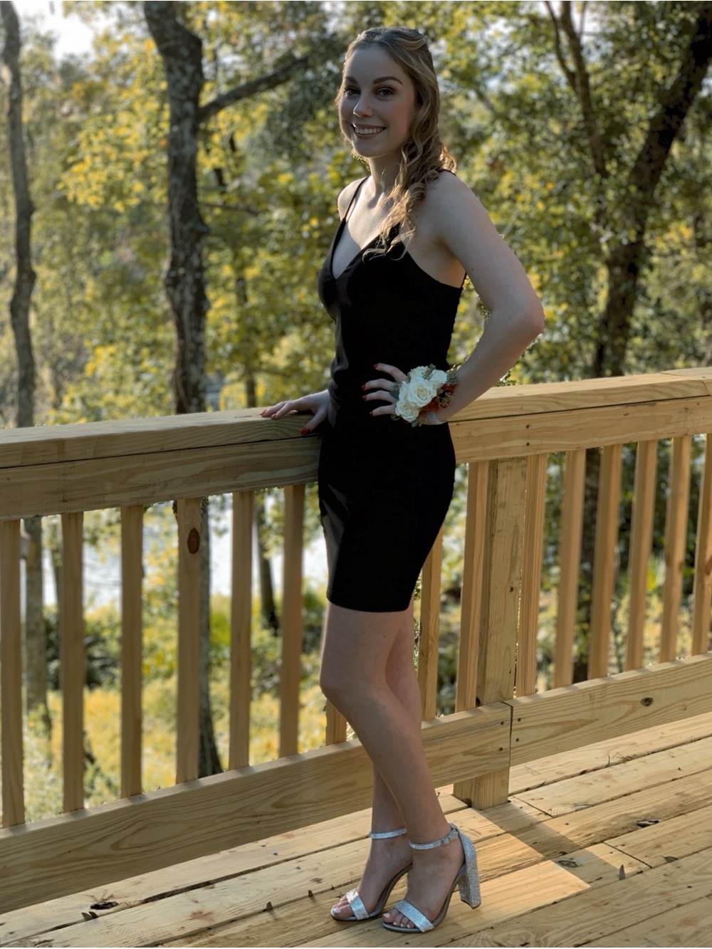 Windsor Black Fabric Dress with Silver Diamond Back Straps Size Small